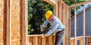 Construction worker framing a house