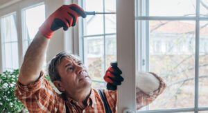 Homeowner fixing a door as part of his maintenance checklist